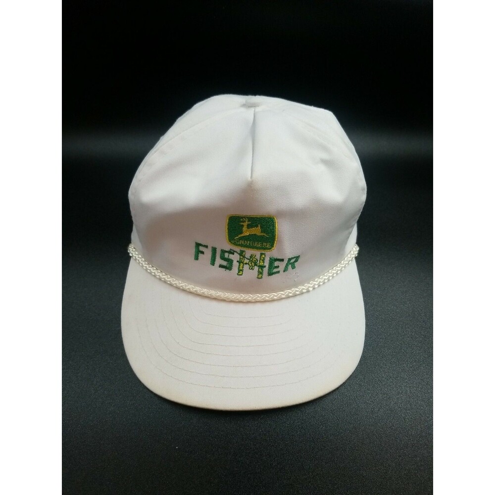 Vintage FISHER JOHN DEERE  Trucker Cap Hat Patch White Leather strap H1